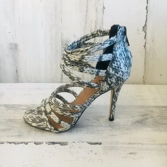 NEW RENVY Snake Print Leather Caged Heel Sandals - Picture 3 of 12